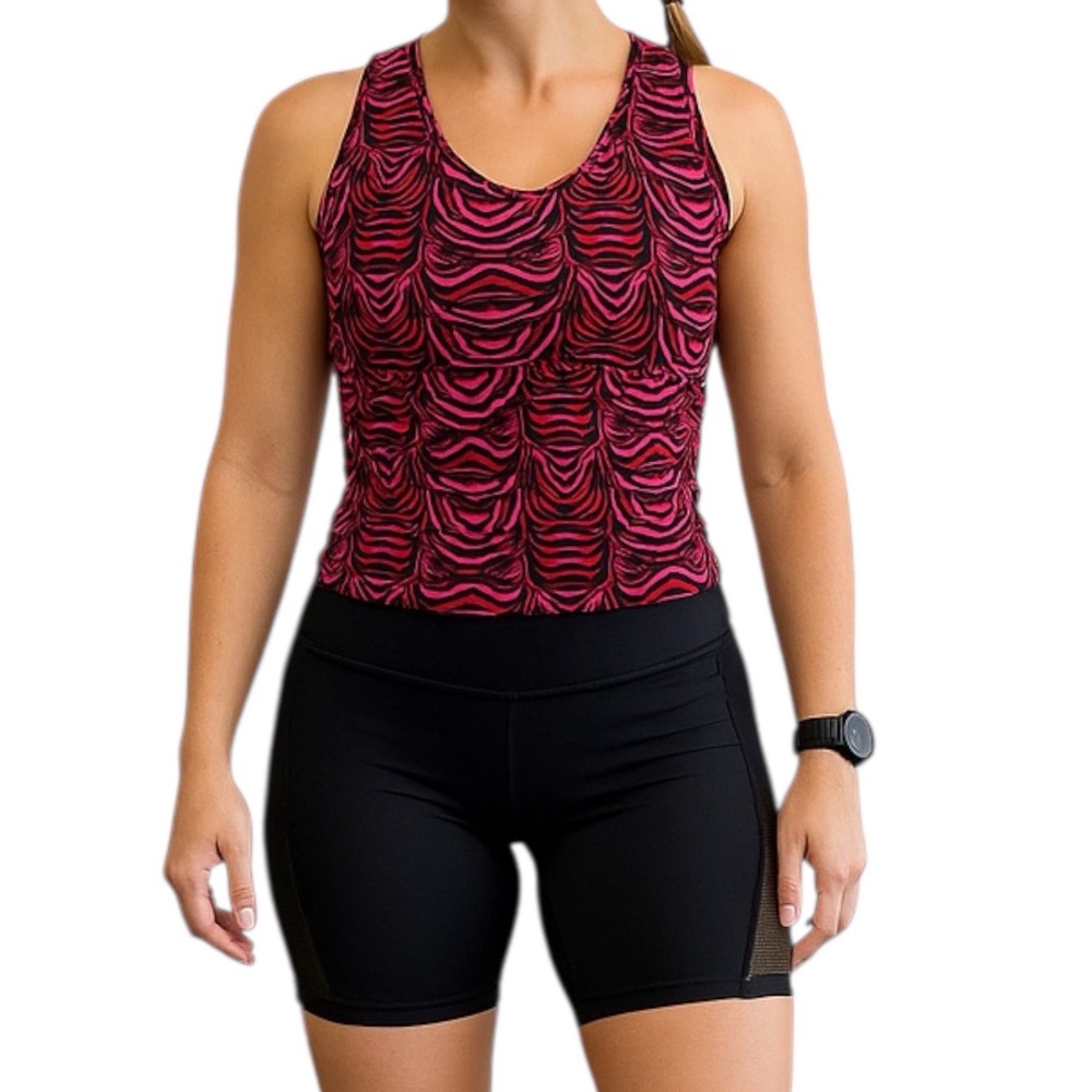 Katie K Womens 2X Sleeveless Tank Top Red Black Zebra Print‎ Stretch Gym Yoga